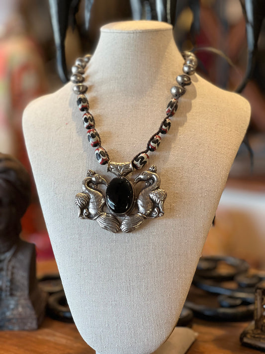 Double Onyx Peacock on Trade Beads 1233