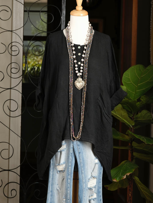 High Low Linen Top in Black
