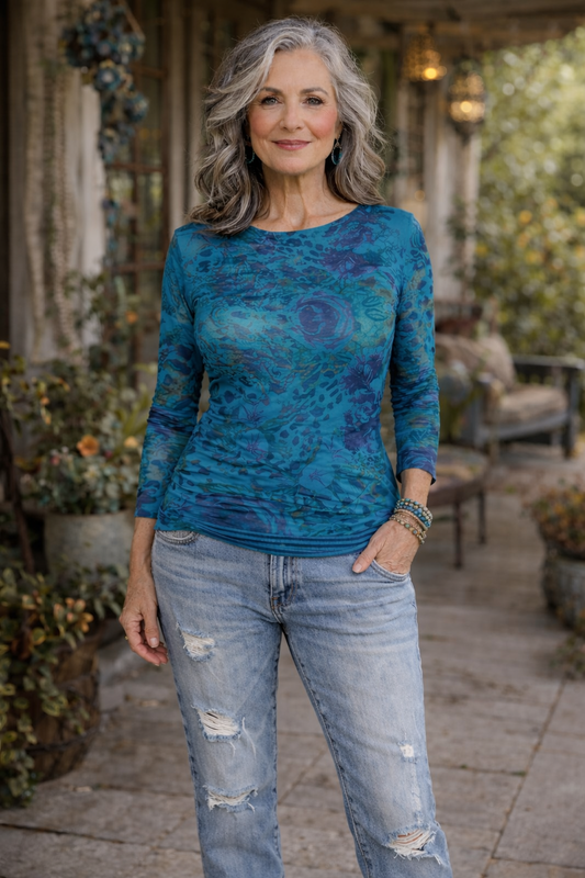 Mesh T in Leopard And Roses Teal