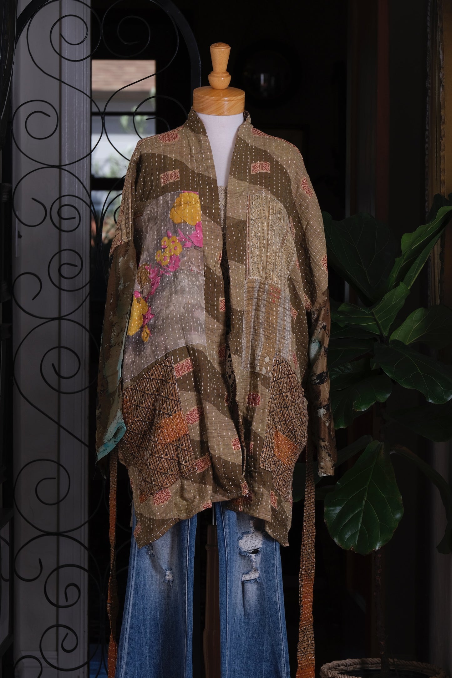 Silk Sleeve Kantha Jacket in Moss Garden