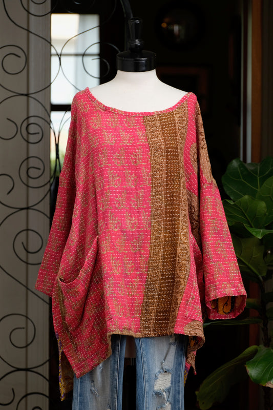 Kantha Pullover in Pink Brown Stripe