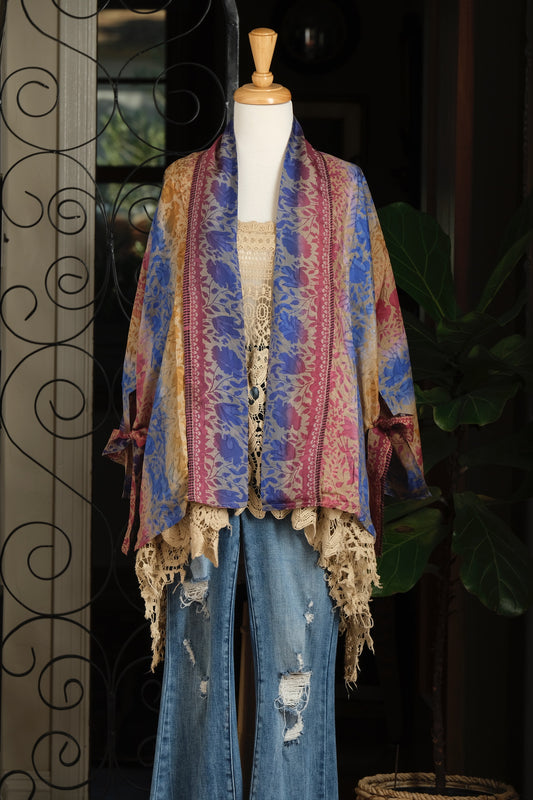 Tie Top in Blue and Pink Watercolor