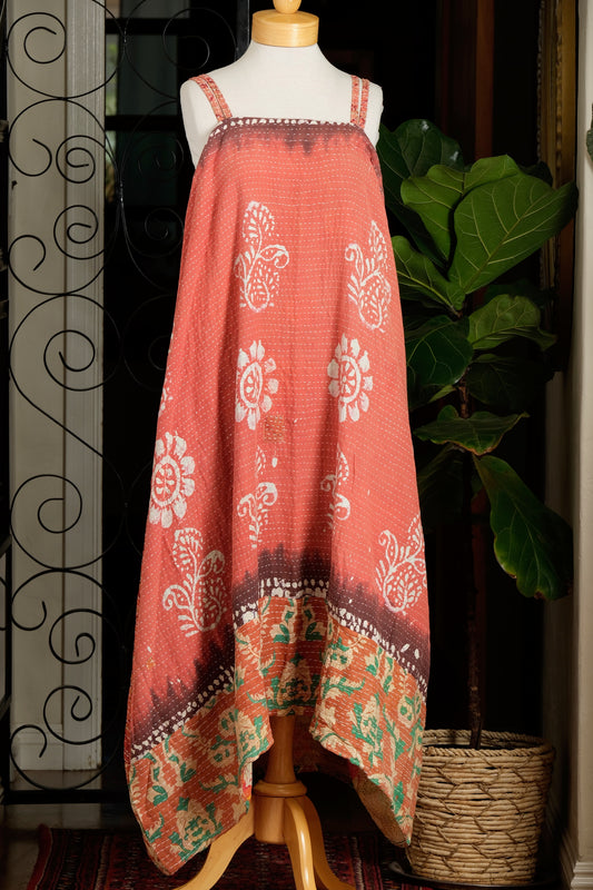 Kantha Maxi Dress in Coral Flower