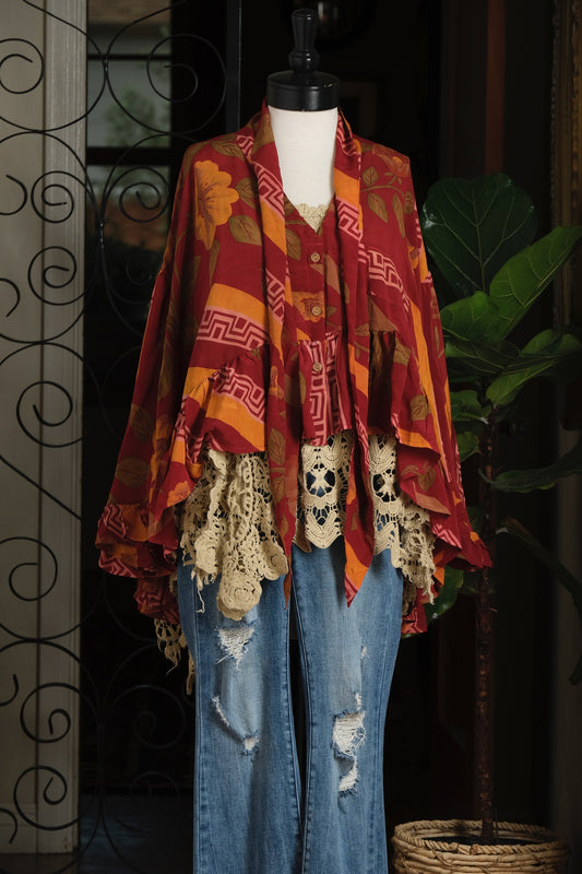 Ruffled Gypsy Top in Brick Garden