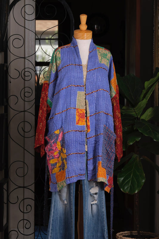 Silk Sleeve Kantha Jacket in Blue Squared