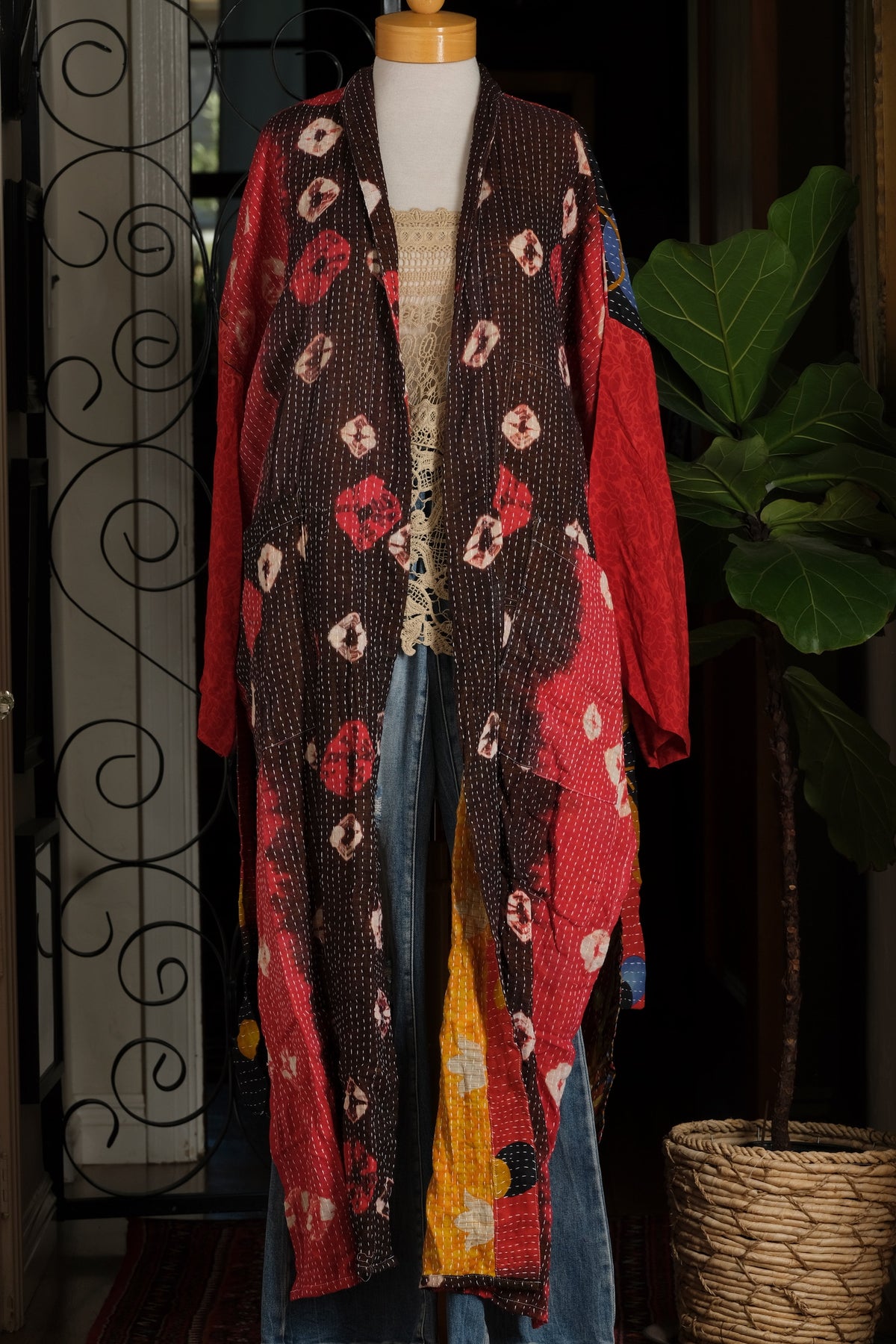 Silk Sleeve Kantha Jacket in Red Magic