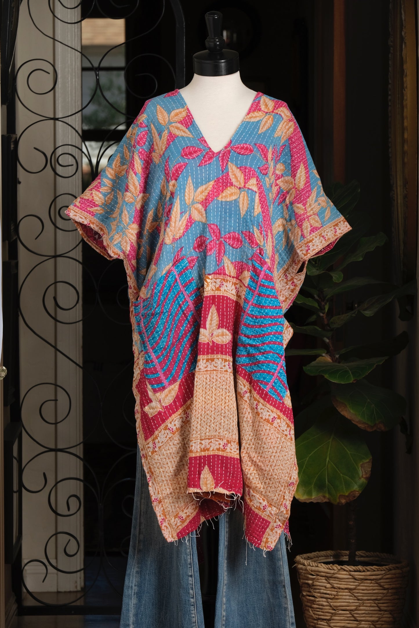 Kantha Tunic in Turquoise Leaf
