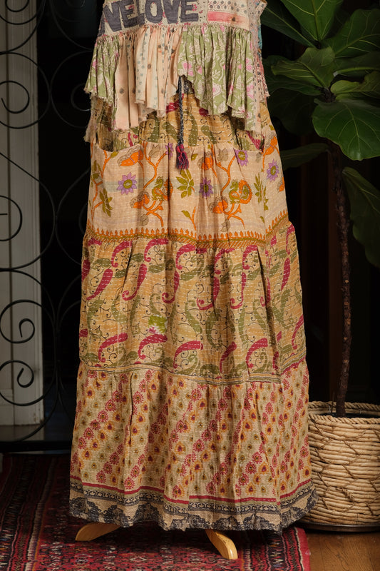 Kantha Pocket Skirt in Red Pepper