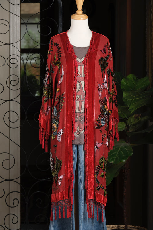 Burnout Velvet Duster in Red Peacock