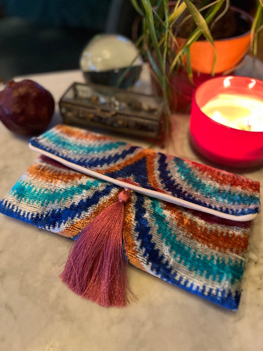 Ikat Clutch in Blue Rainbow