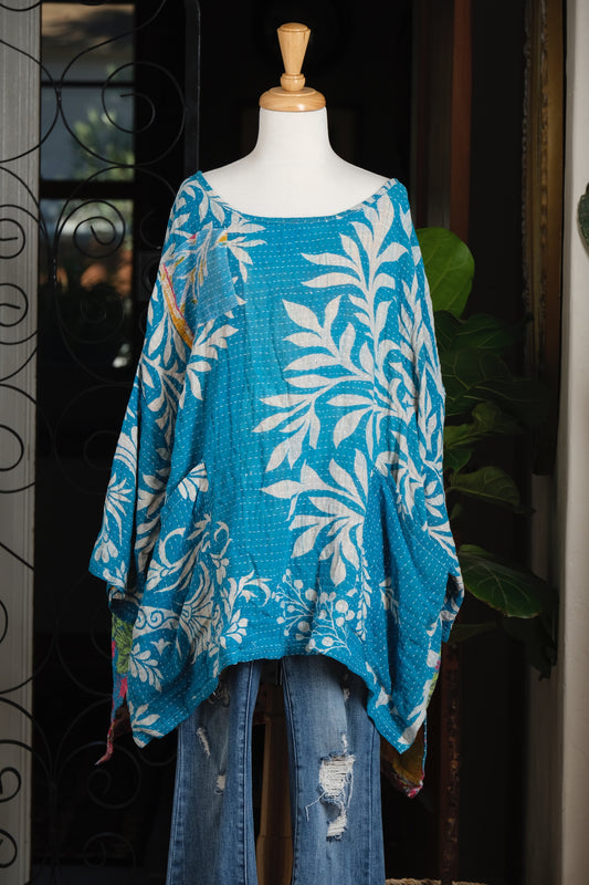 Kantha Pullover in Aqua Flora