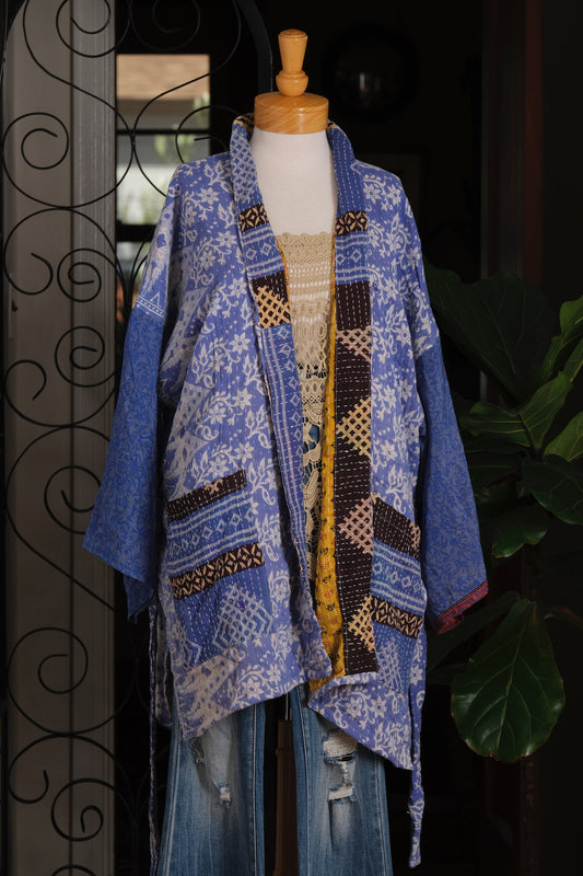 Silk Sleeve Kantha Jacket in Delft Blue
