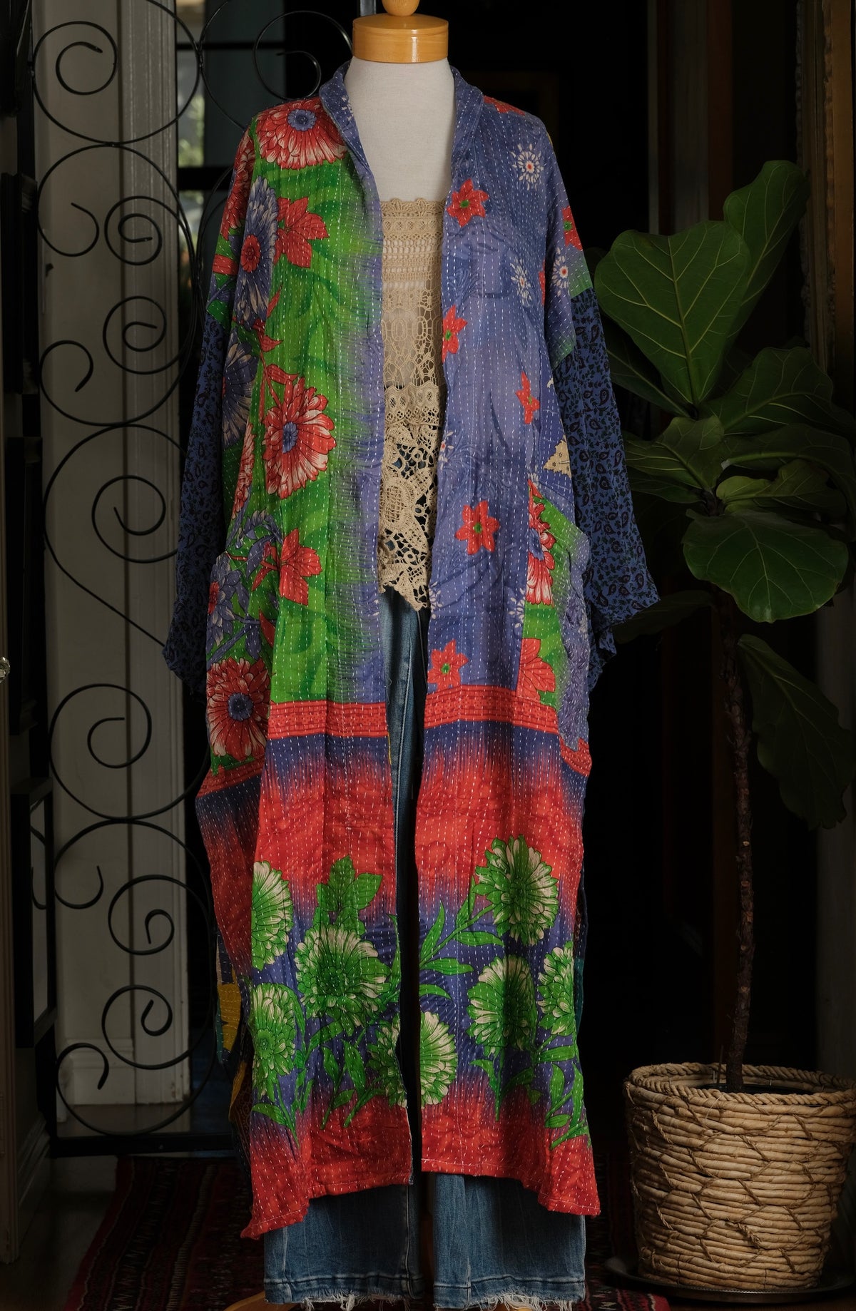 Silk Sleeve Kantha Jacket in Fridas Garden