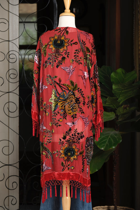 Burnout Velvet Duster in Red Peacock