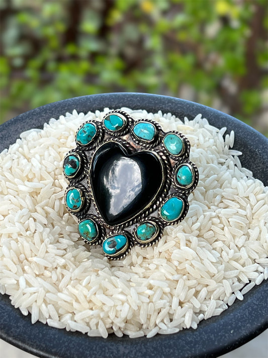 Onyx heart with Turquoise Ring 1159