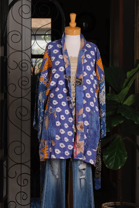 Silk Sleeve Kantha Jacket in Blue Willow