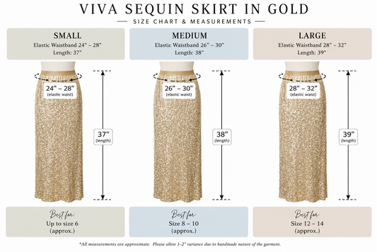 A size and measurement chart for a 'Viva Sequin Skirt in Gold' showing three sizes (Small, Medium, Large) with waistband measurements, lengths (37", 38", 39"), and best fit recommendations.