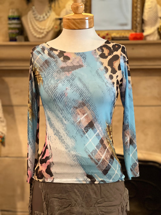 Nude Mesh T in Sky Blue Leopard