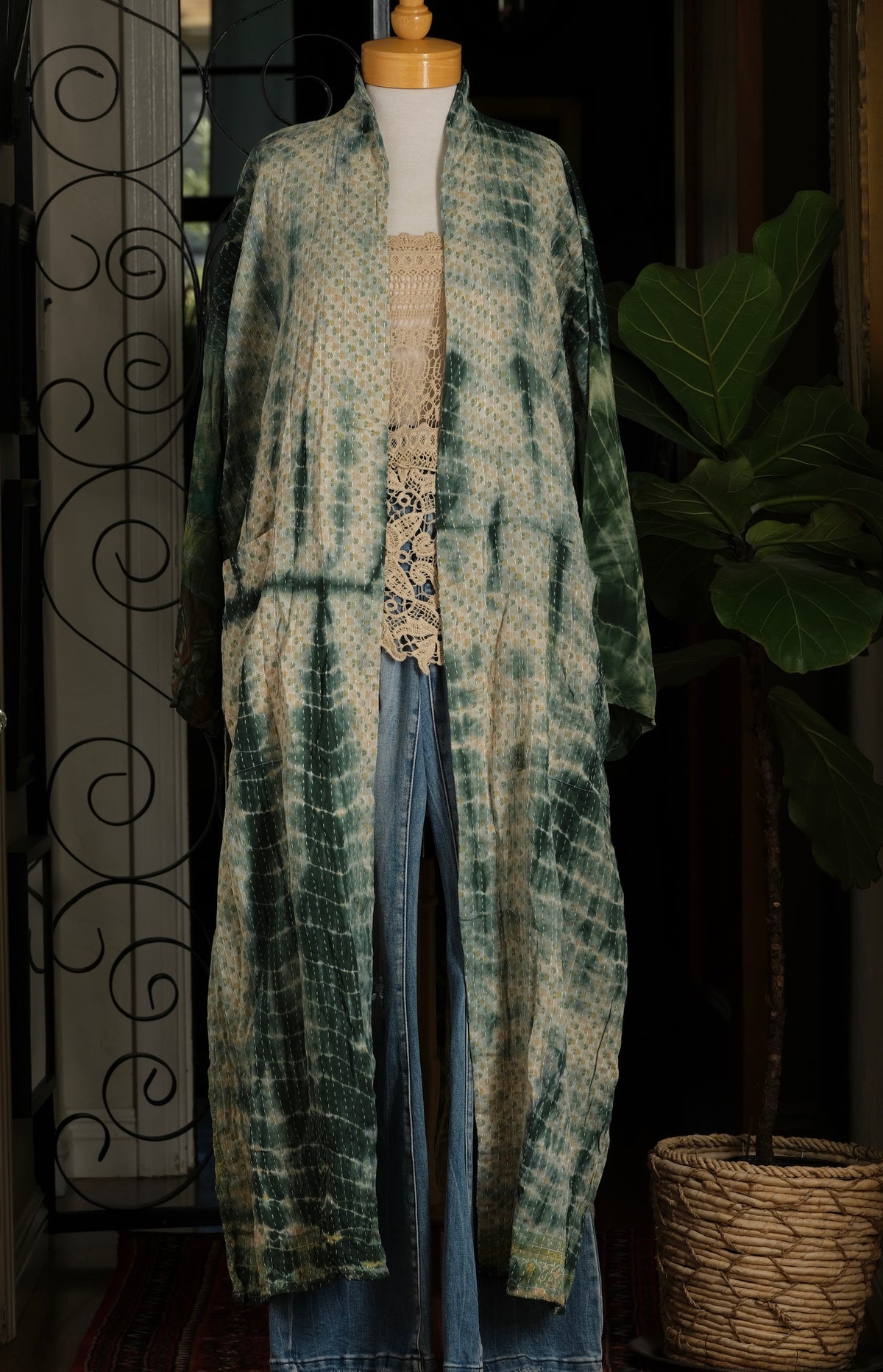 Silk Sleeve Kantha Jacket in Moss and Moonlight