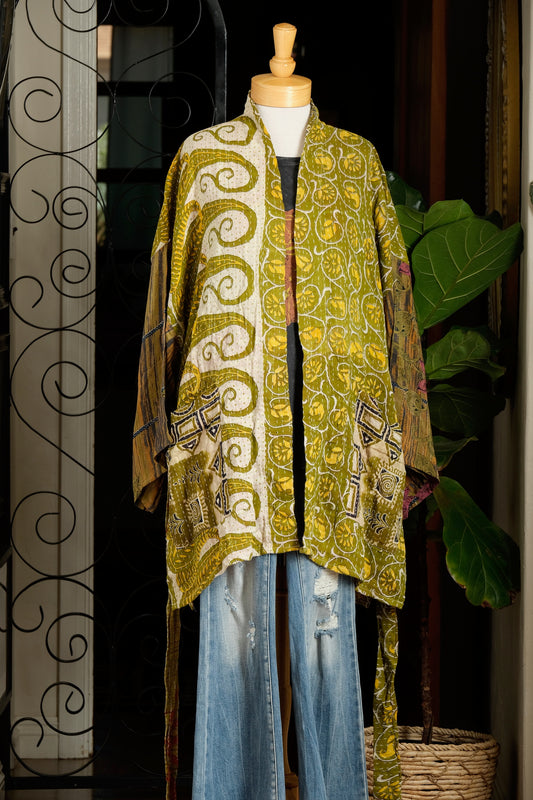 Silk Sleeve Kantha Jacket in Olive Wood