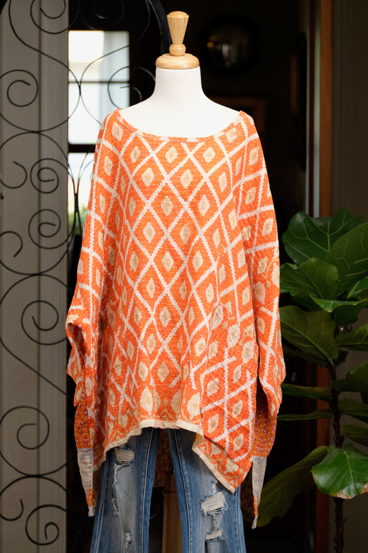 Kantha Pullover in Orange Diamond