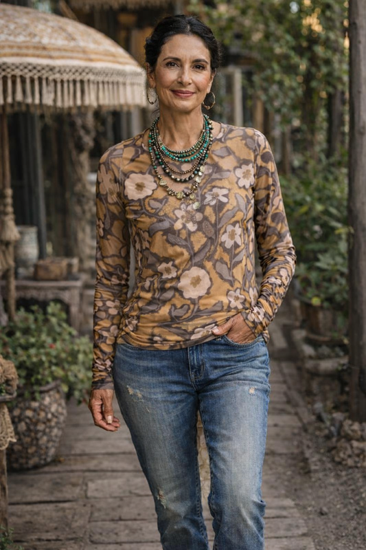 Nude Mesh T in Sepia Bloom