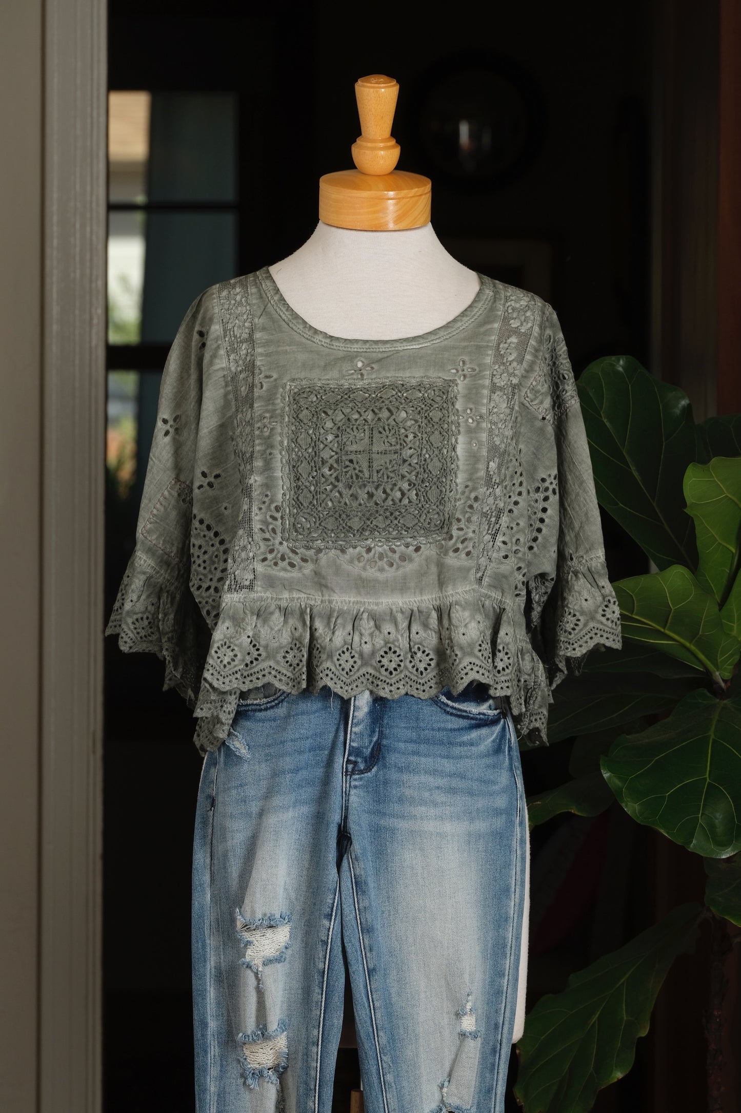 Dear Heart Eyelet Top in Moss