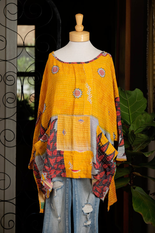 Kantha Pullover in Red Leaf Pockets