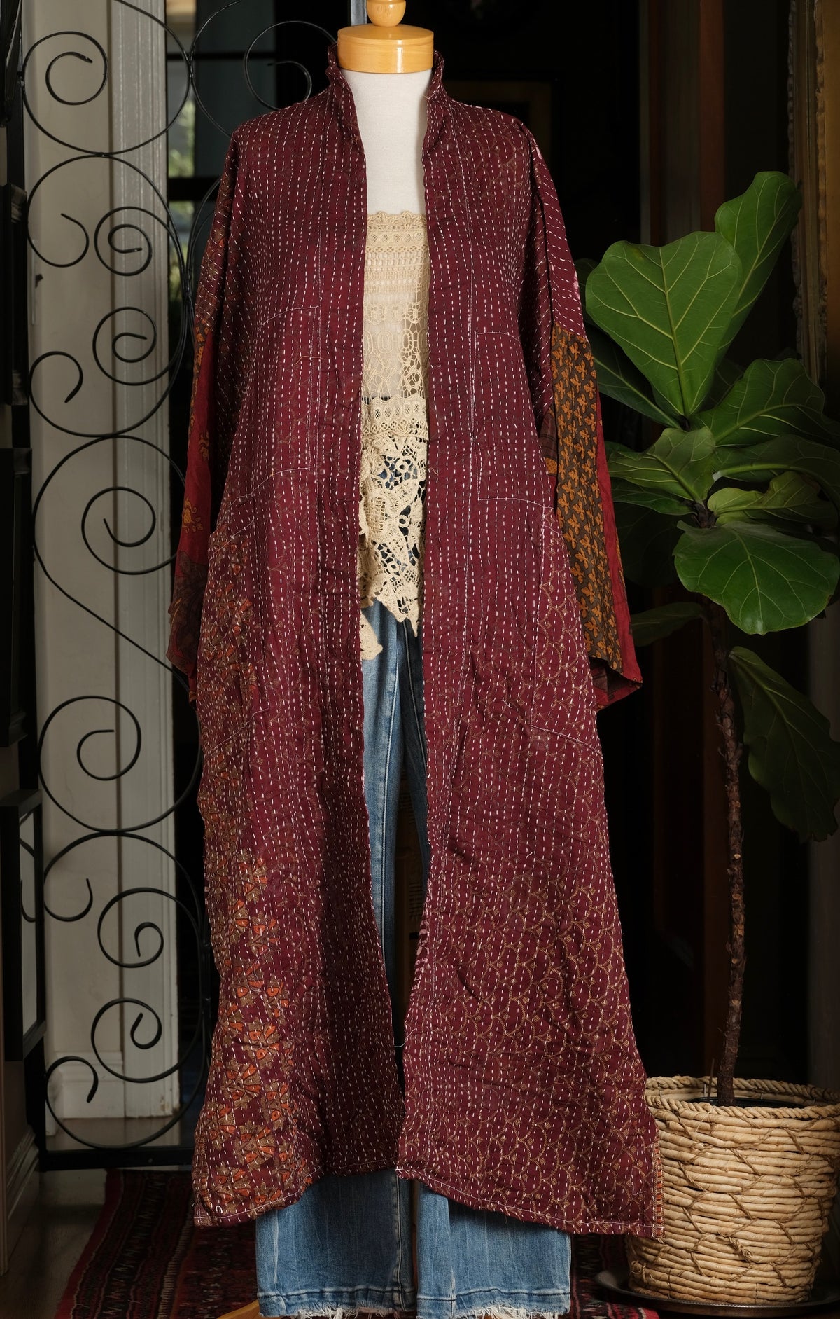 Silk Sleeve Kantha Jacket in Merlot Spice