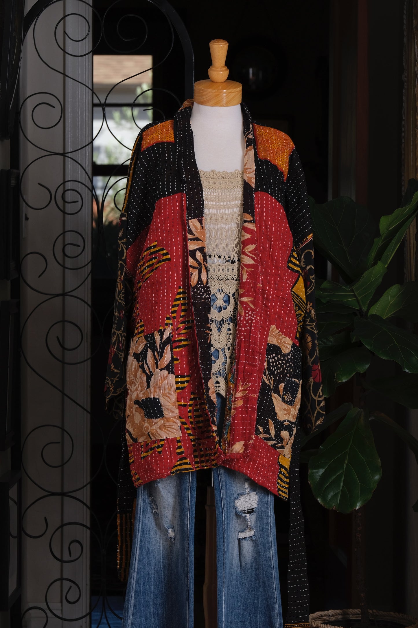 Silk Sleeve Kantha Jacket in Bold Lotus