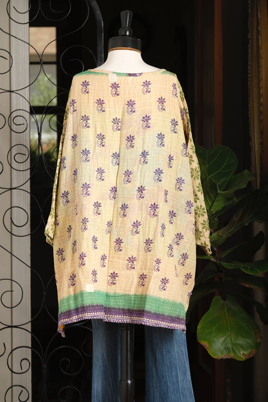 Kantha Pullover in Natural Green Daisy