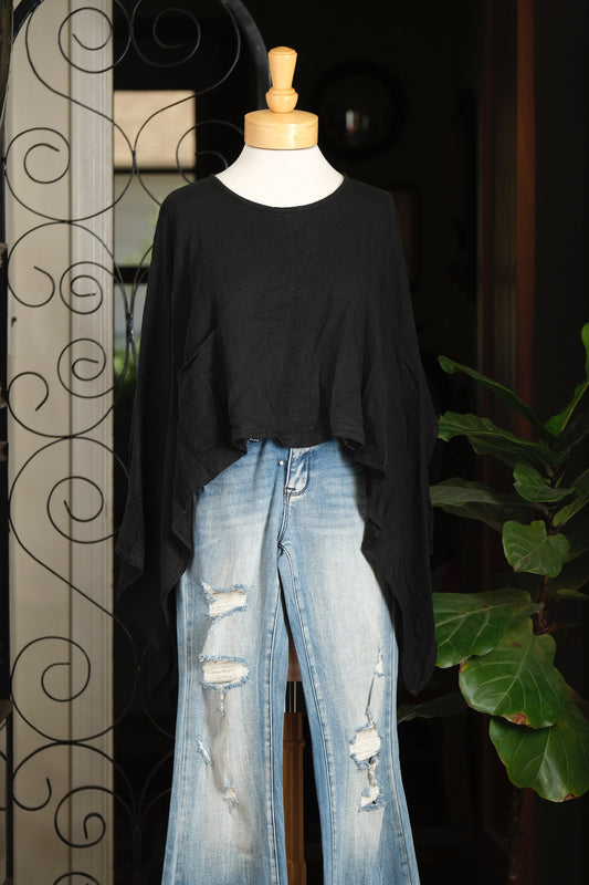 Arc Hem Crop Top in Black Linen