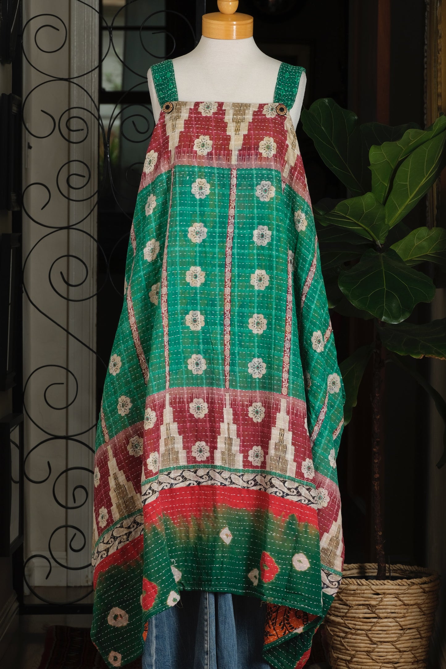 Button Kantha Maxi Dress in Lucky Flower