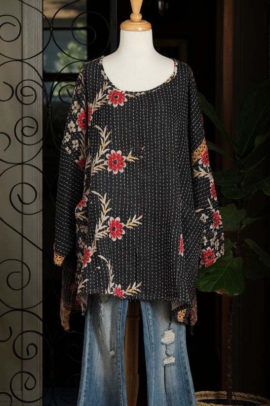 Kantha Dream Pullover in Red Flower