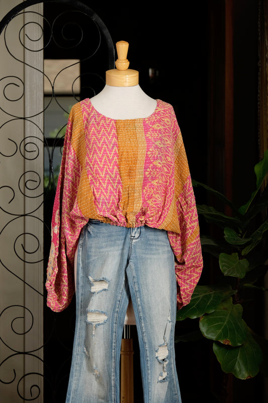 Gathering Top in Pink Gold Stripe