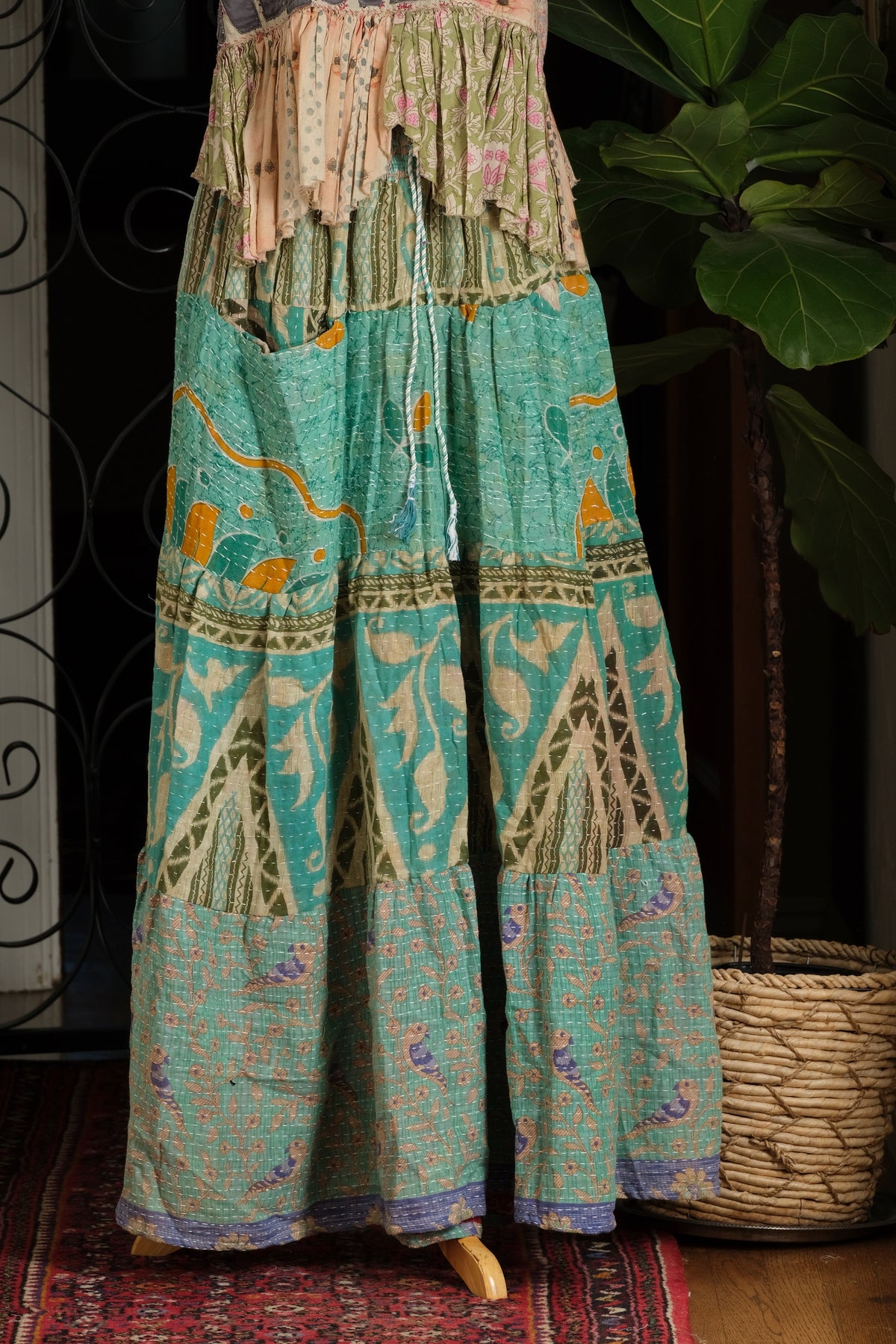 Kantha Pocket Skirt in Aqua Song Bird