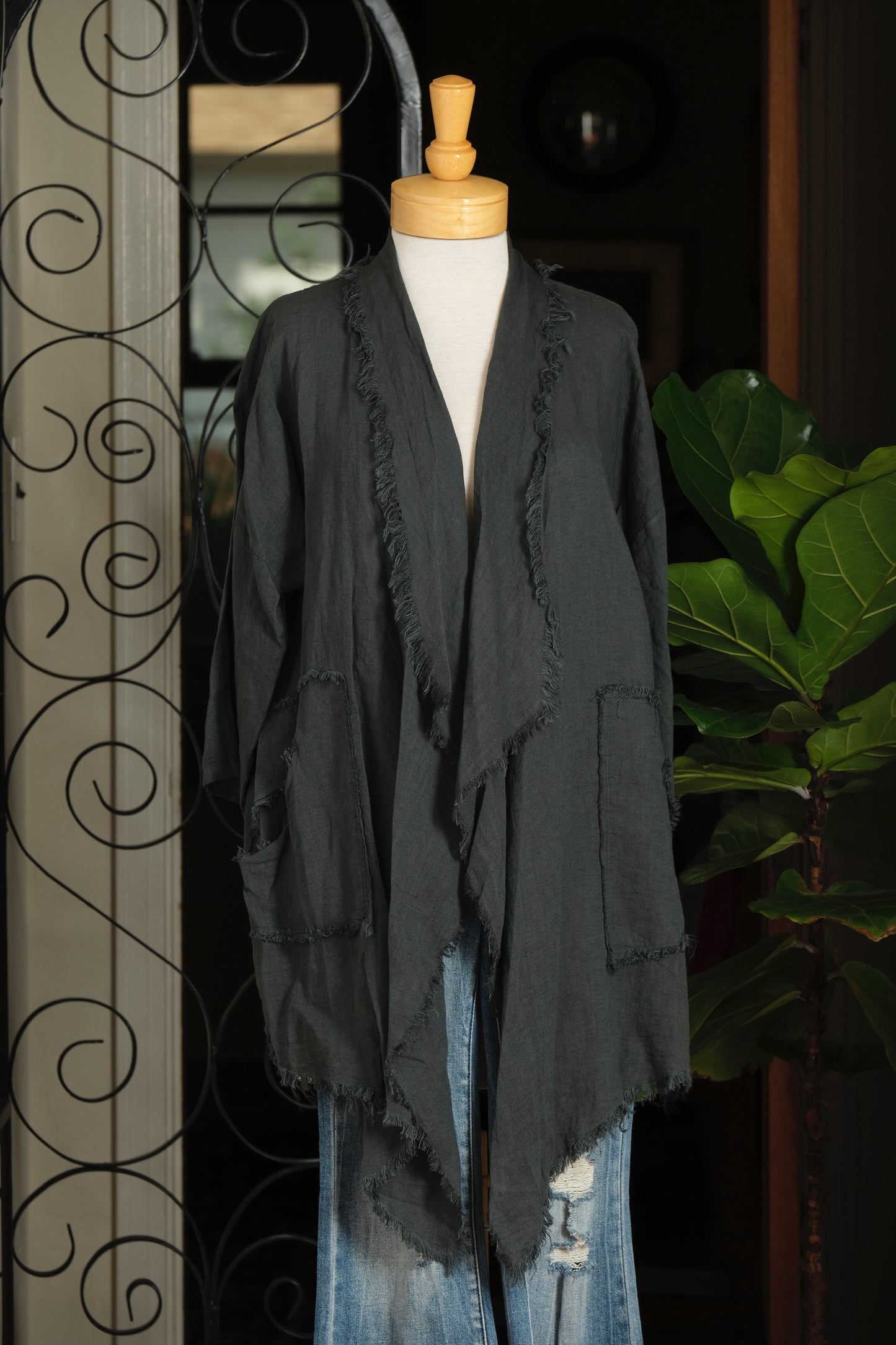 Linen Distressed Cardigan in Charcoal Grey