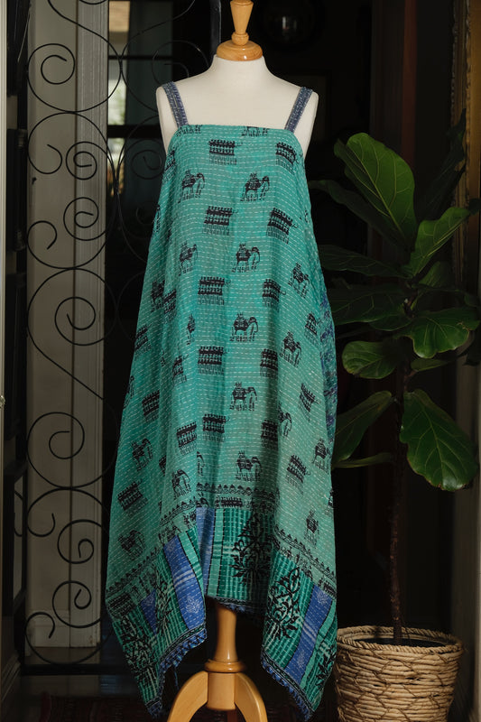 Kantha Maxi Dress in Aqua Village