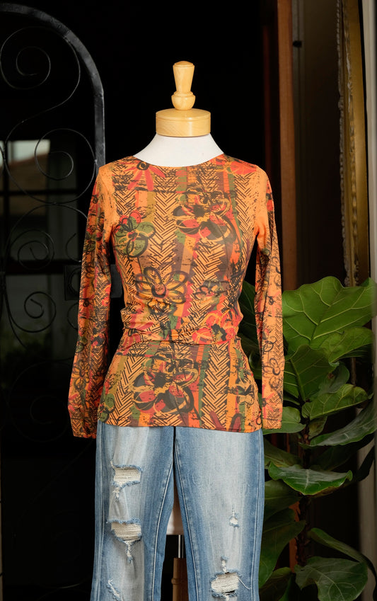 Mesh T in Herringbone Floral Orange