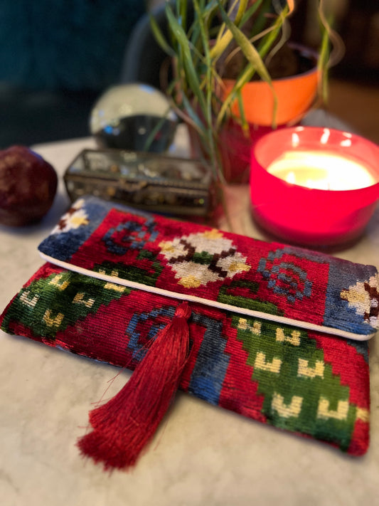 Ikat Clutch in Red Blue Red Tassel