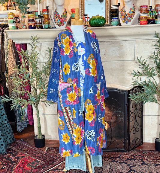 Cozy Kantha Hoodie Coat in Floral Blues