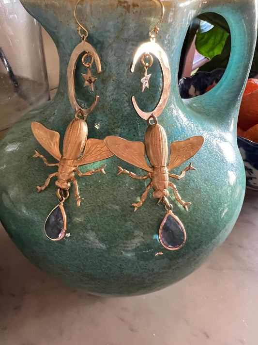 Celestial Moth Earrings with Amethyst Drop