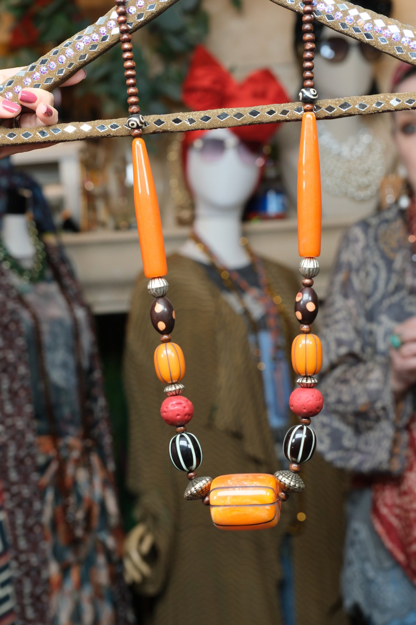 Chunky Long Necklace in Stripe Resin Beads (A)