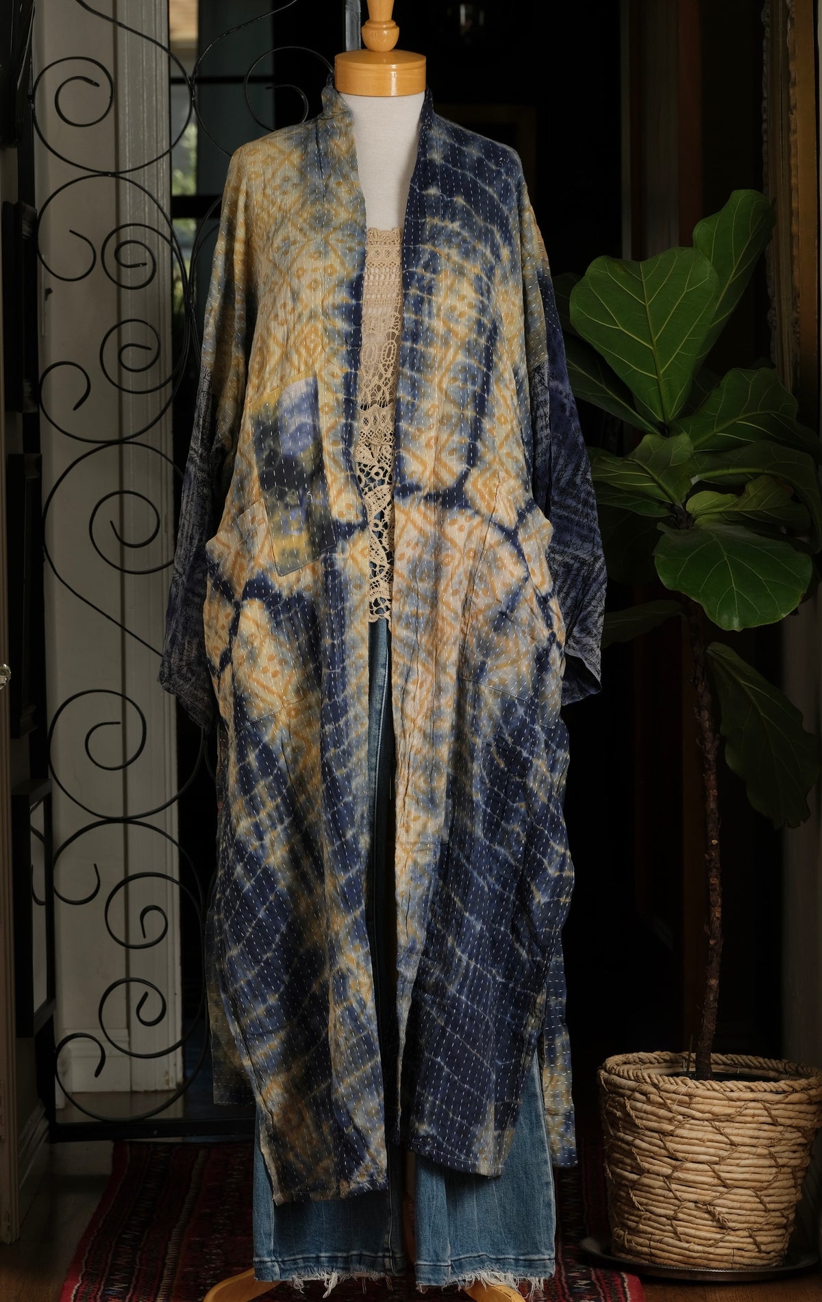 Silk Sleeve Kantha Jacket in Indigo Tribe