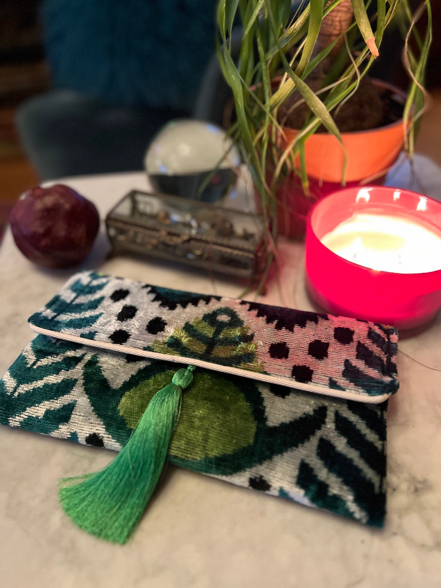 Ikat Clutch in Black and white with Green