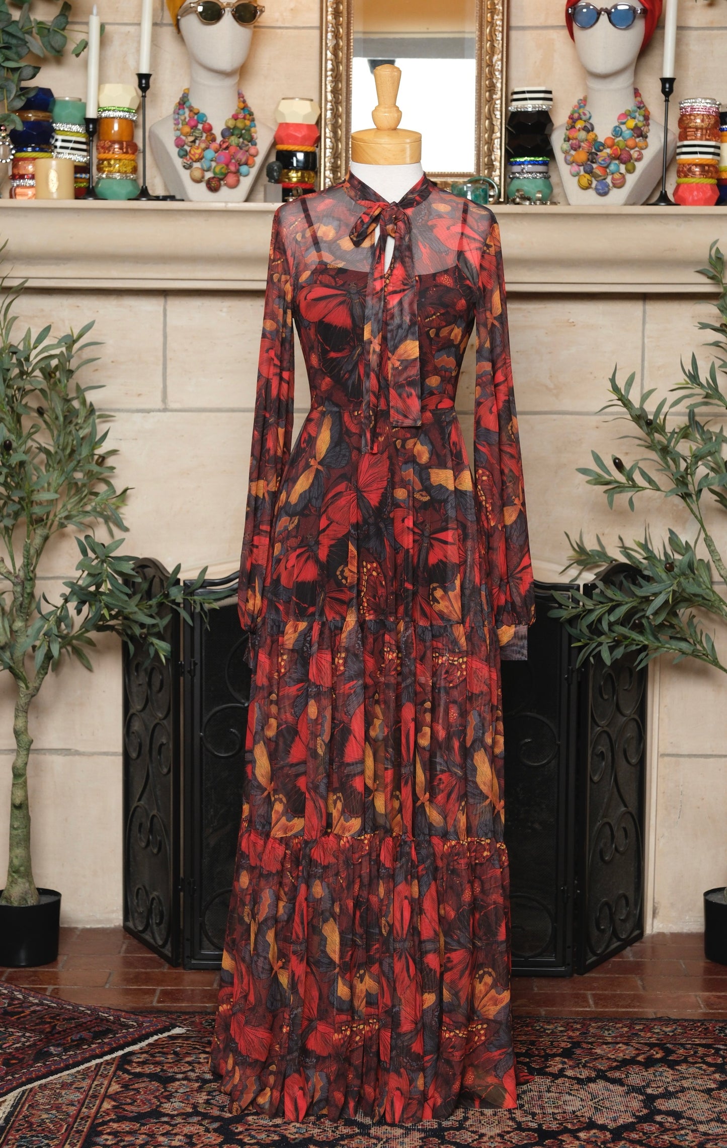 Mesh Tea Dress in Red Butterfly