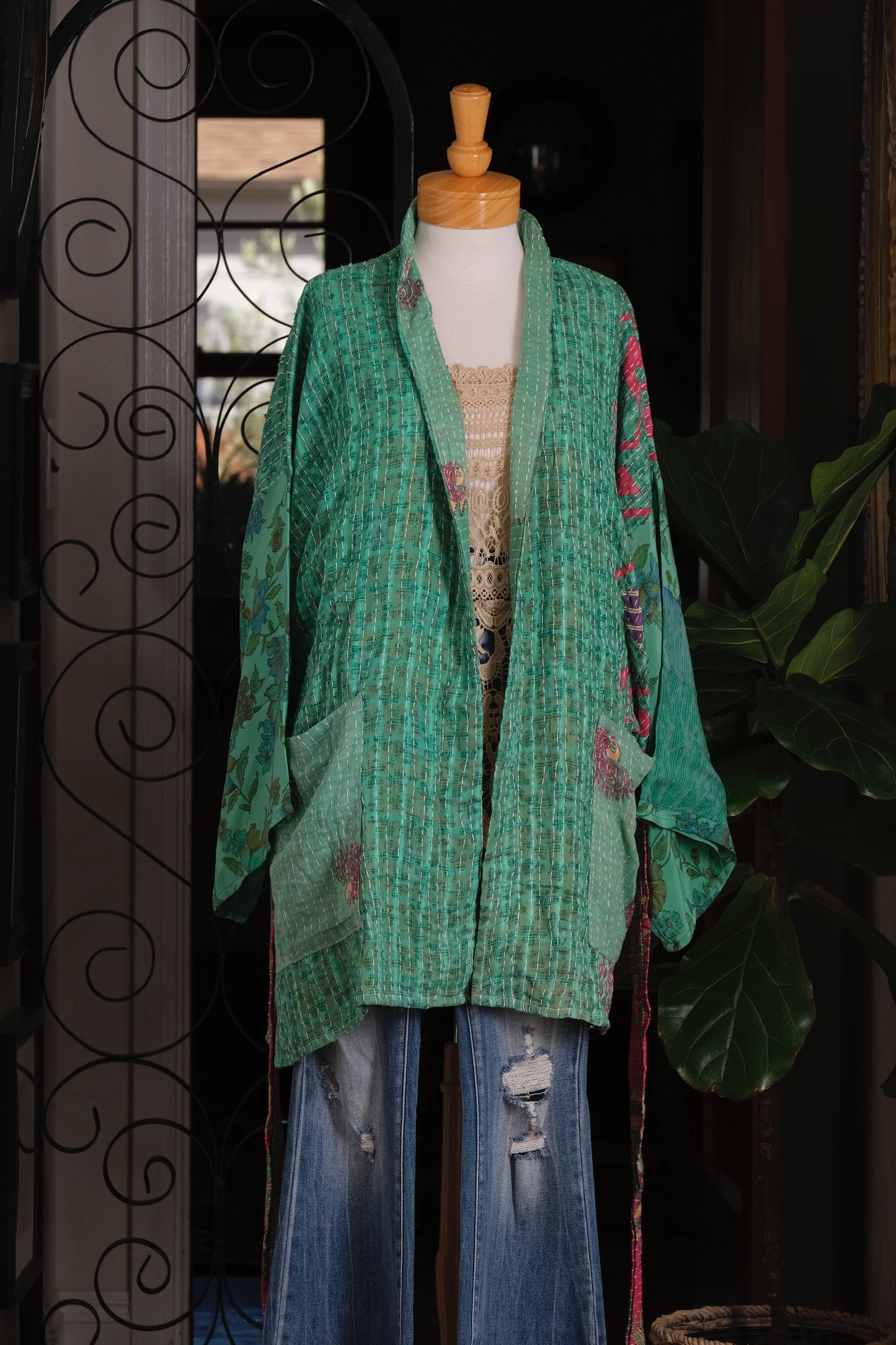 Silk Sleeve Kantha Jacket in Lagoon Jade