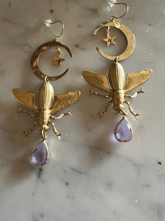 Celestial Moth Earrings with Amethyst Drop