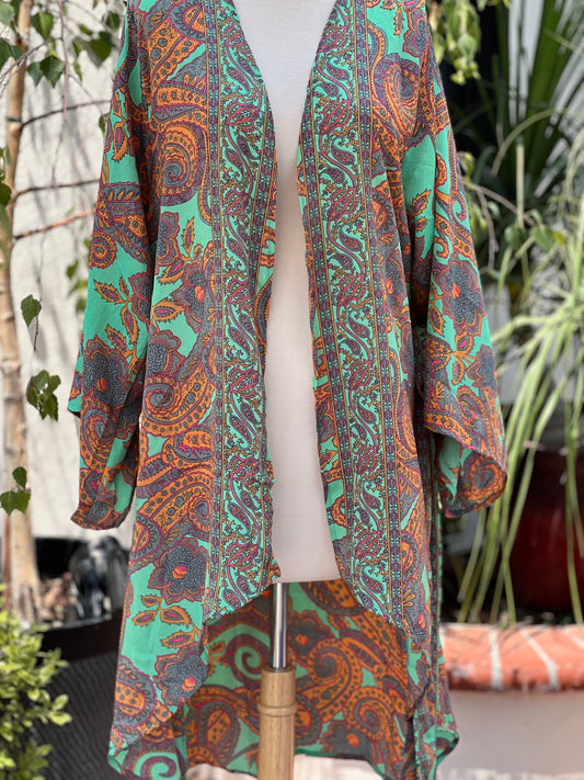Kimono Cardigan in Aqua Paisley