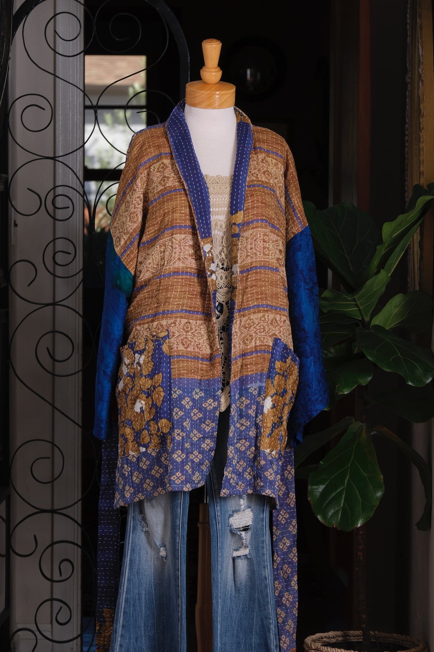 Silk Sleeve Kantha Jacket in Natural Blue